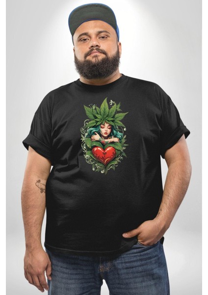 Kalp Parmak Kız Yeşillik Mutluluk Siyah Büyük Beden Erkek Kadın Unisex Basic Ön Baskılı Tişört