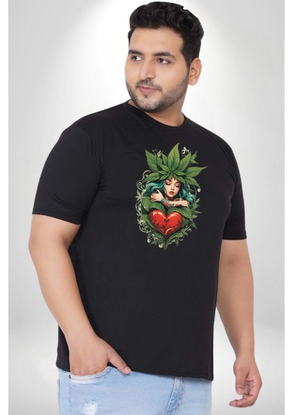 Kalp Parmak Kız Yeşillik Mutluluk Siyah Büyük Beden Erkek Kadın Unisex Basic Ön Baskılı Tişört