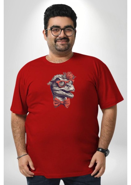 Kırmızı Gözlük Papyon Dinazor Kırmızı Büyük Beden Erkek Kadın Unisex Basic Ön Baskılı Tişört fiyatları