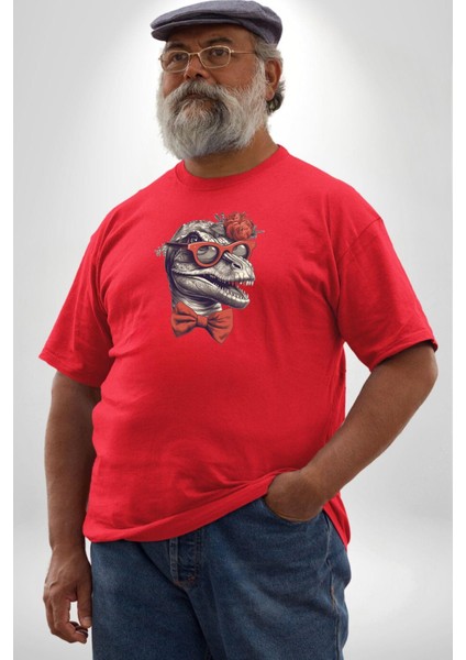 Kırmızı Gözlük Papyon Dinazor Kırmızı Büyük Beden Erkek Kadın Unisex Basic Ön Baskılı Tişört modelleri