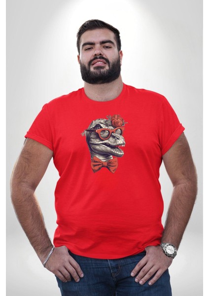 Kırmızı Gözlük Papyon Dinazor Kırmızı Büyük Beden Erkek Kadın Unisex Basic Ön Baskılı Tişört fırsatları