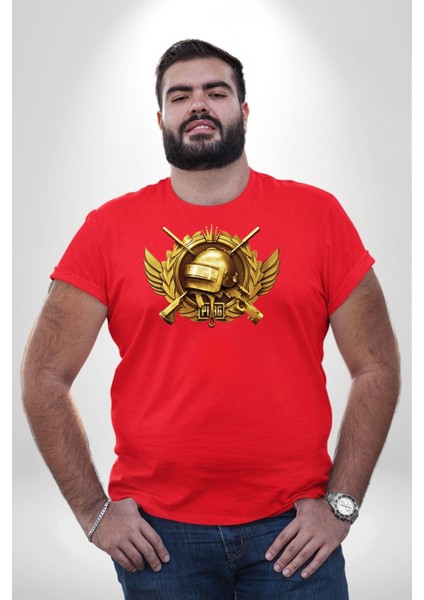 Pubg Kırmızı Büyük Beden Erkek Kadın Unisex Basic Ön Baskılı Tişört