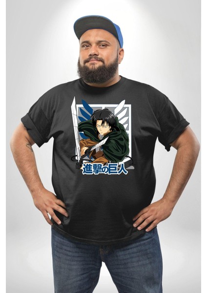 Anime Levi Ackerman Beyaz Ve Siyah Kanatlar Siyah Büyük Beden Erkek Kadın Unisex Basic Ön Baskılı Tişört