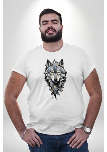 Beyaz Kurt Beyaz Büyük Beden Kadın Erkek Ünisex Basic Ön Baskılı Tişört