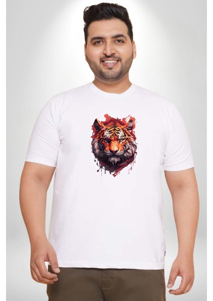 Kaplan Kafası Beyaz Büyük Beden Kadın Erkek Ünisex Basic Ön Baskılı Tişört