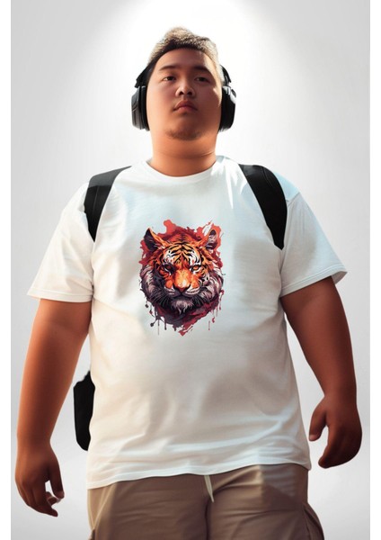 Kaplan Kafası Beyaz Büyük Beden Kadın Erkek Ünisex Basic Ön Baskılı Tişört fiyatları