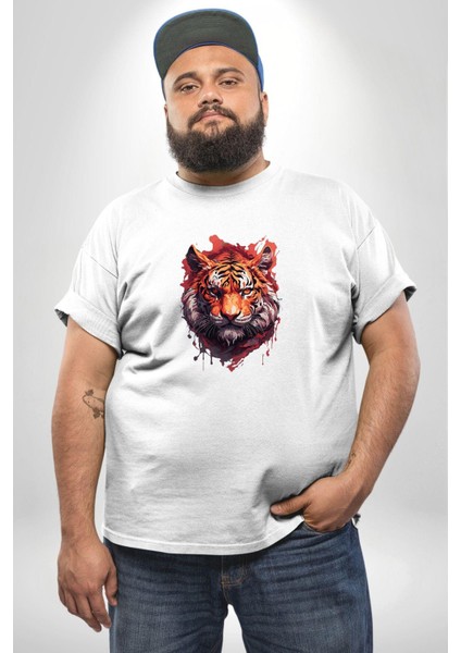 Kaplan Kafası Beyaz Büyük Beden Kadın Erkek Ünisex Basic Ön Baskılı Tişört modelleri