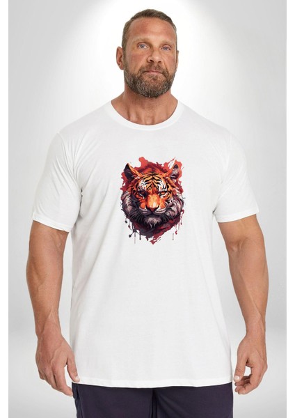 Kaplan Kafası Beyaz Büyük Beden Kadın Erkek Ünisex Basic Ön Baskılı Tişört fırsatları