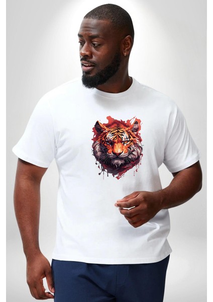 Kaplan Kafası Beyaz Büyük Beden Kadın Erkek Ünisex Basic Ön Baskılı Tişört indirimleri