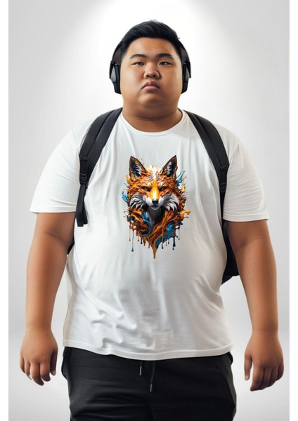 Renkli Sulu Boya Kurt Yapay Zeka Tasarımı Beyaz Büyük Beden Kadın Erkek Ünisex Basic Ön Baskılı Tişört