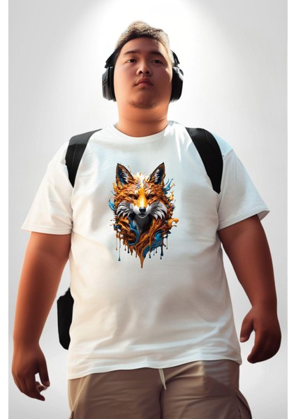 Renkli Sulu Boya Kurt Yapay Zeka Tasarımı Beyaz Büyük Beden Kadın Erkek Ünisex Basic Ön Baskılı Tişört modelleri