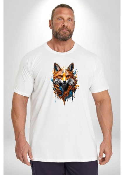 Renkli Sulu Boya Kurt Yapay Zeka Tasarımı Beyaz Büyük Beden Kadın Erkek Ünisex Basic Ön Baskılı Tişört indirimleri