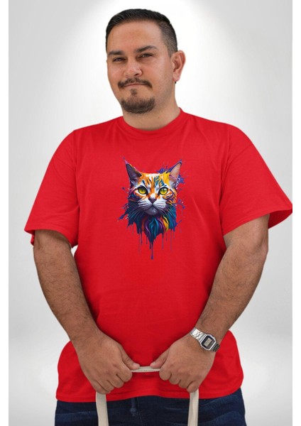 Şimşek Yağmur Kedi Kırmızı Büyük Beden Erkek Kadın Unisex Basic Ön Baskılı Tişört