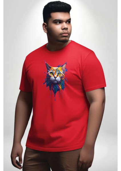 Şimşek Yağmur Kedi Kırmızı Büyük Beden Erkek Kadın Unisex Basic Ön Baskılı Tişört modelleri