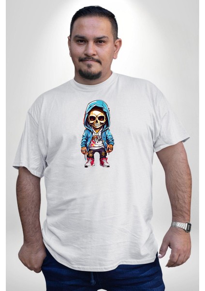 Hiphop Kurukafa Hoodie Beyaz Büyük Beden Kadın Erkek Ünisex Basic Ön Baskılı Tişört