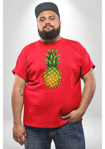 Ananas Meyve Kırmızı Büyük Beden Erkek Kadın Unisex Basic Ön Baskılı Tişört