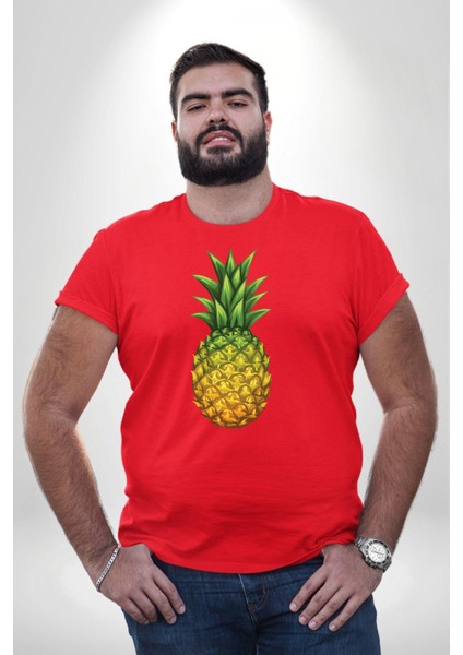 Ananas Meyve Kırmızı Büyük Beden Erkek Kadın Unisex Basic Ön Baskılı Tişört fırsatları