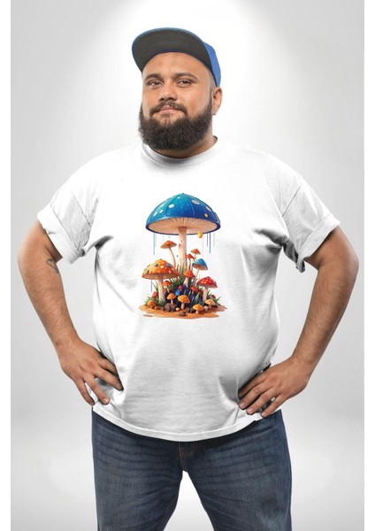 Renkli Mantar Süsler Beyaz Büyük Beden Kadın Erkek Ünisex Basic Ön Baskılı Tişört