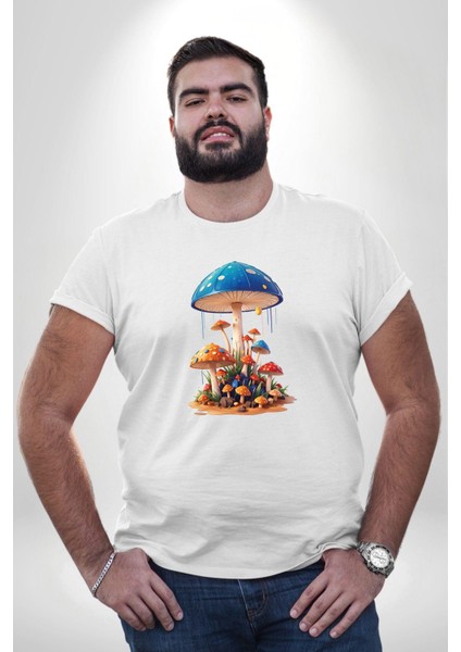 Renkli Mantar Süsler Beyaz Büyük Beden Kadın Erkek Ünisex Basic Ön Baskılı Tişört fiyatları