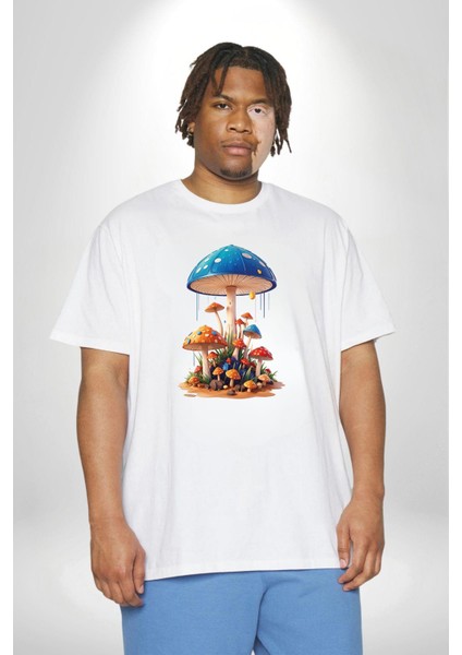 Renkli Mantar Süsler Beyaz Büyük Beden Kadın Erkek Ünisex Basic Ön Baskılı Tişört modelleri