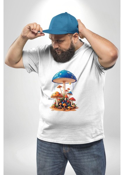 Renkli Mantar Süsler Beyaz Büyük Beden Kadın Erkek Ünisex Basic Ön Baskılı Tişört indirimleri
