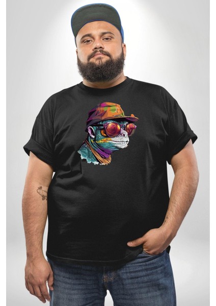 Gözlük Şapka Mukalemun Siyah Büyük Beden Erkek Kadın Unisex Basic Ön Baskılı Tişört modelleri