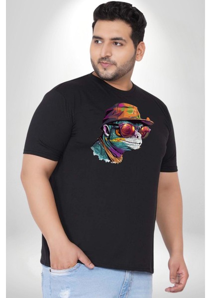 Gözlük Şapka Mukalemun Siyah Büyük Beden Erkek Kadın Unisex Basic Ön Baskılı Tişört fırsatları