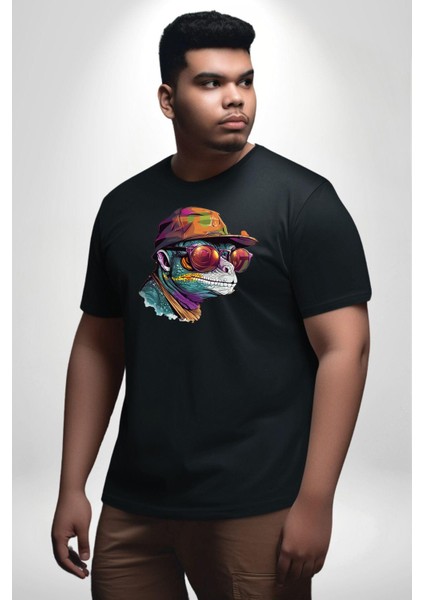 Gözlük Şapka Mukalemun Siyah Büyük Beden Erkek Kadın Unisex Basic Ön Baskılı Tişört indirimleri