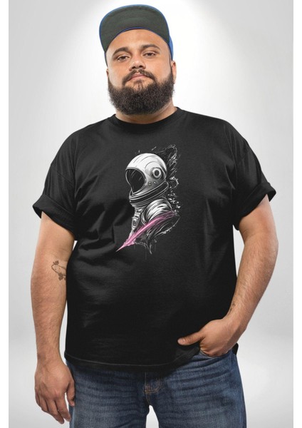 Astronot Kafası Siyah Büyük Beden Erkek Kadın Unisex Basic Ön Baskılı Tişört