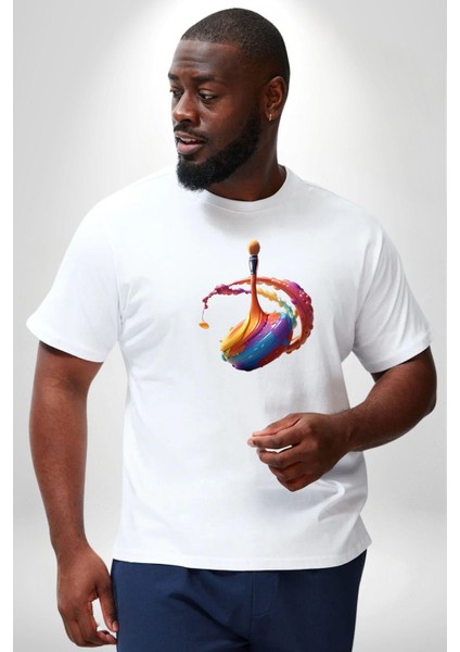 Resim Fırcası Beyaz Büyük Beden Kadın Erkek Ünisex Basic Ön Baskılı Tişört