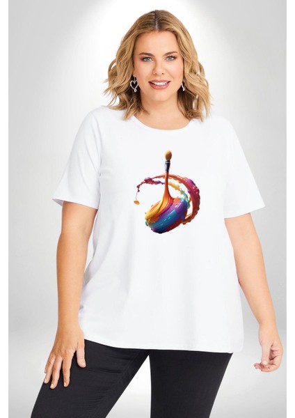 Resim Fırcası Beyaz Büyük Beden Kadın Erkek Ünisex Basic Ön Baskılı Tişört fiyatları