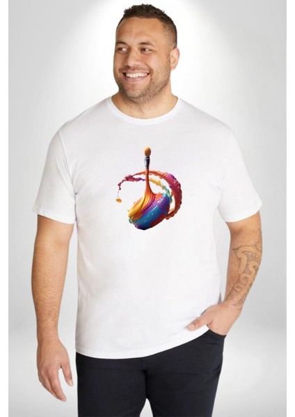 Resim Fırcası Beyaz Büyük Beden Kadın Erkek Ünisex Basic Ön Baskılı Tişört modelleri