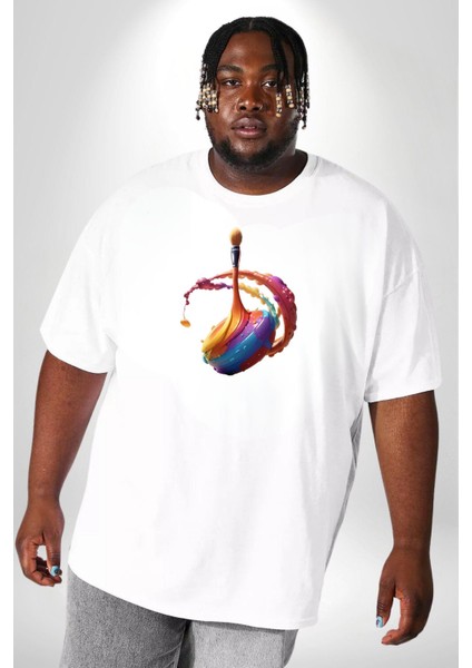 Resim Fırcası Beyaz Büyük Beden Kadın Erkek Ünisex Basic Ön Baskılı Tişört fırsatları