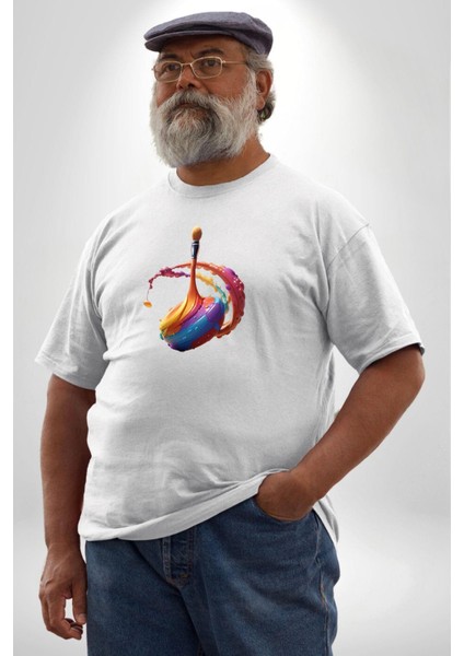 Resim Fırcası Beyaz Büyük Beden Kadın Erkek Ünisex Basic Ön Baskılı Tişört indirimleri