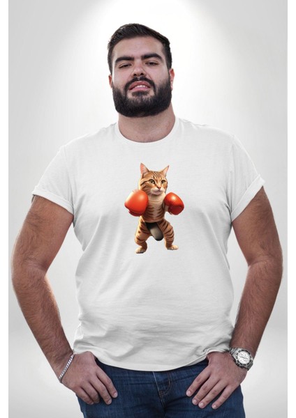 Boks Yapan Kedi Beyaz Büyük Beden Kadın Erkek Ünisex Basic Ön Baskılı Tişört