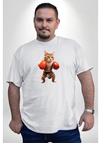 Boks Yapan Kedi Beyaz Büyük Beden Kadın Erkek Ünisex Basic Ön Baskılı Tişört