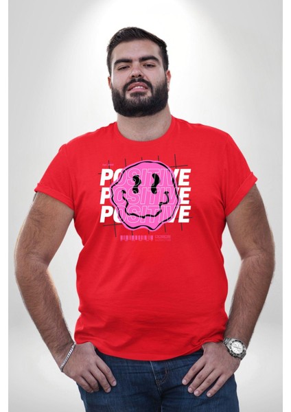 Positive Enerji Emoji Gülen Surat Kırmızı Büyük Beden Erkek Kadın Unisex Basic Ön Baskılı Tişört fiyatları