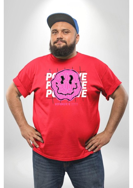Positive Enerji Emoji Gülen Surat Kırmızı Büyük Beden Erkek Kadın Unisex Basic Ön Baskılı Tişört modelleri