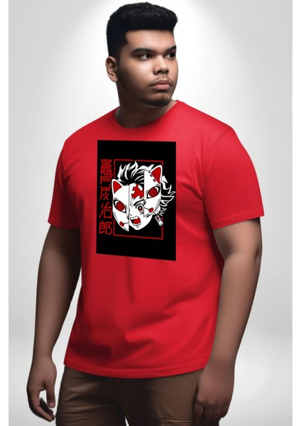 Anime Iblis Avcısı Kimetsu No Yaiba Maske Kırmızı Büyük Beden Erkek Kadın Unisex Basic Ön Baskılı Tişört
