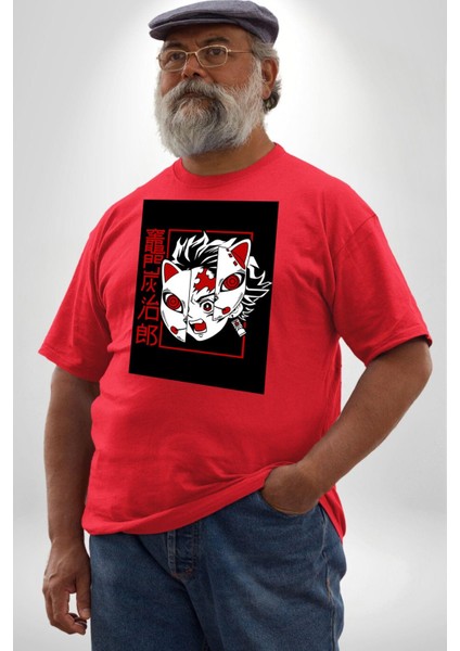 Anime Iblis Avcısı Kimetsu No Yaiba Maske Kırmızı Büyük Beden Erkek Kadın Unisex Basic Ön Baskılı Tişört fırsatları