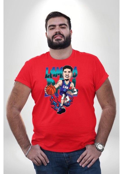 Lamelo Ball Basketbol Karikatür Kırmızı Büyük Beden Erkek Kadın Unisex Basic Ön Baskılı Tişört