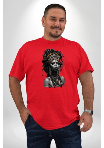 Afrikalı Erkek Kadın Unisex Sanat Kırmızıi Kırmızı Büyük Beden Erkek Kadın Unisex Basic Ön Baskılı Tişört