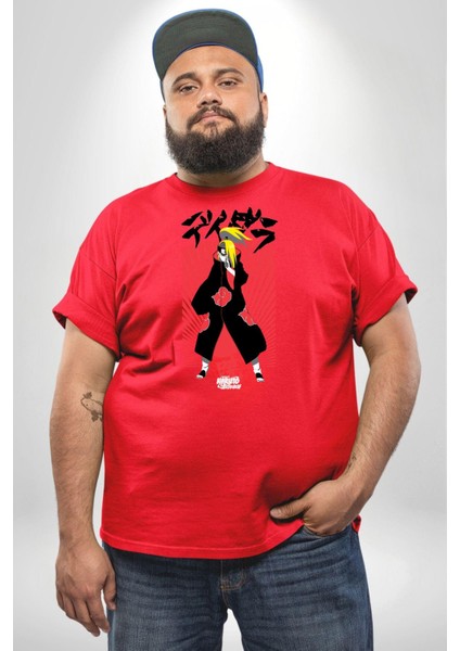 Naruto Shippuden Deidara Jutsu İle Kanji Kırmızı Büyük Beden Erkek Kadın Unisex Basic Ön Baskılı Tişört