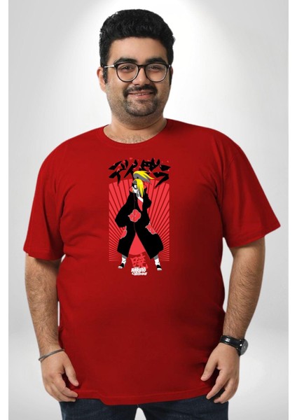 Naruto Shippuden Deidara Jutsu İle Kanji Kırmızı Büyük Beden Erkek Kadın Unisex Basic Ön Baskılı Tişört