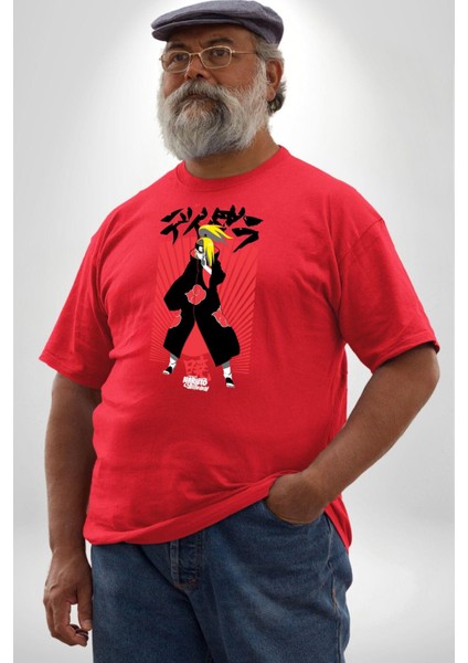 Naruto Shippuden Deidara Jutsu İle Kanji Kırmızı Büyük Beden Erkek Kadın Unisex Basic Ön Baskılı Tişört