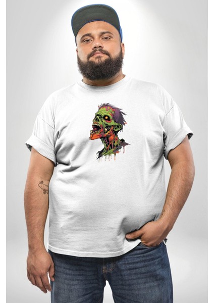 Zombi Kafası Beyaz Büyük Beden Kadın Erkek Ünisex Basic Ön Baskılı Tişört