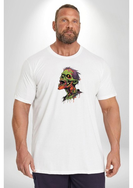 Zombi Kafası Beyaz Büyük Beden Kadın Erkek Ünisex Basic Ön Baskılı Tişört fiyatları