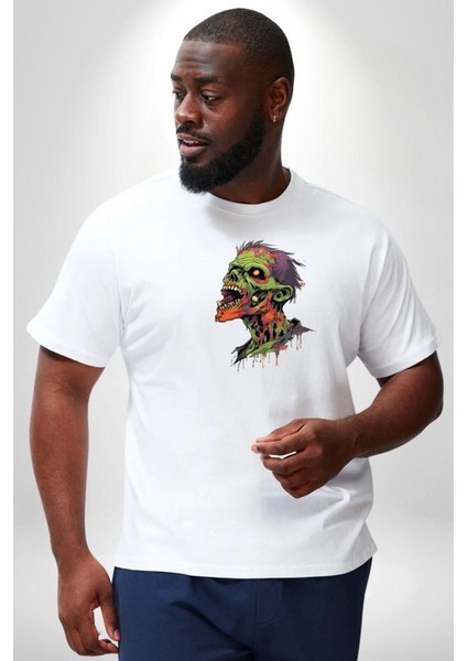 Zombi Kafası Beyaz Büyük Beden Kadın Erkek Ünisex Basic Ön Baskılı Tişört modelleri