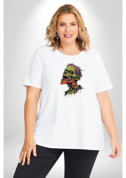 Zombi Kafası Beyaz Büyük Beden Kadın Erkek Ünisex Basic Ön Baskılı Tişört fırsatları