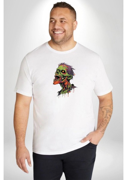 Zombi Kafası Beyaz Büyük Beden Kadın Erkek Ünisex Basic Ön Baskılı Tişört indirimleri